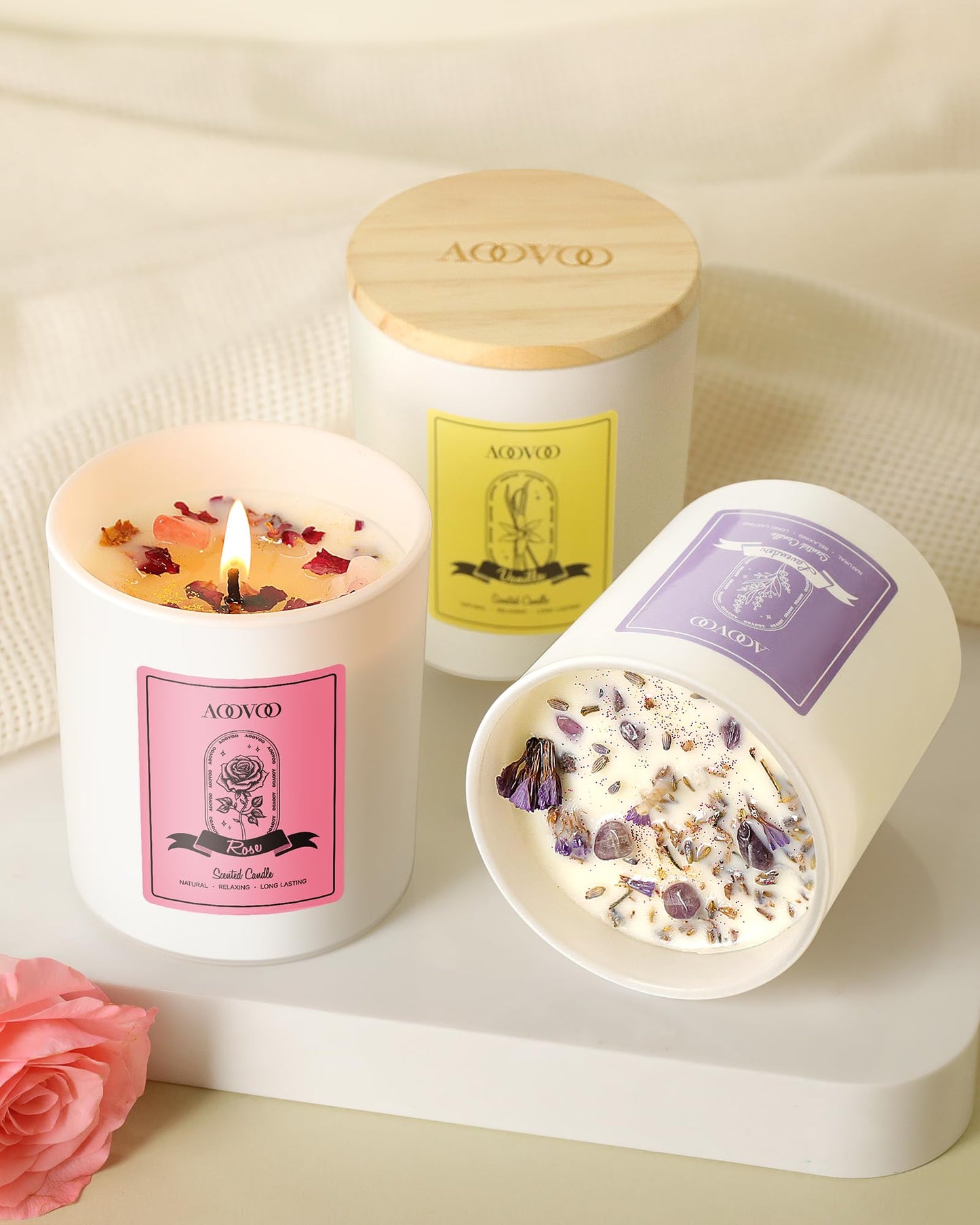 AOOVOO Lavender Scented Candles for Women - Aromatherapy Candle with Crystals Inside, 10oz Soy Candles for Home Scented, Birthday Gifts Mothers Day Candle for Women Mom