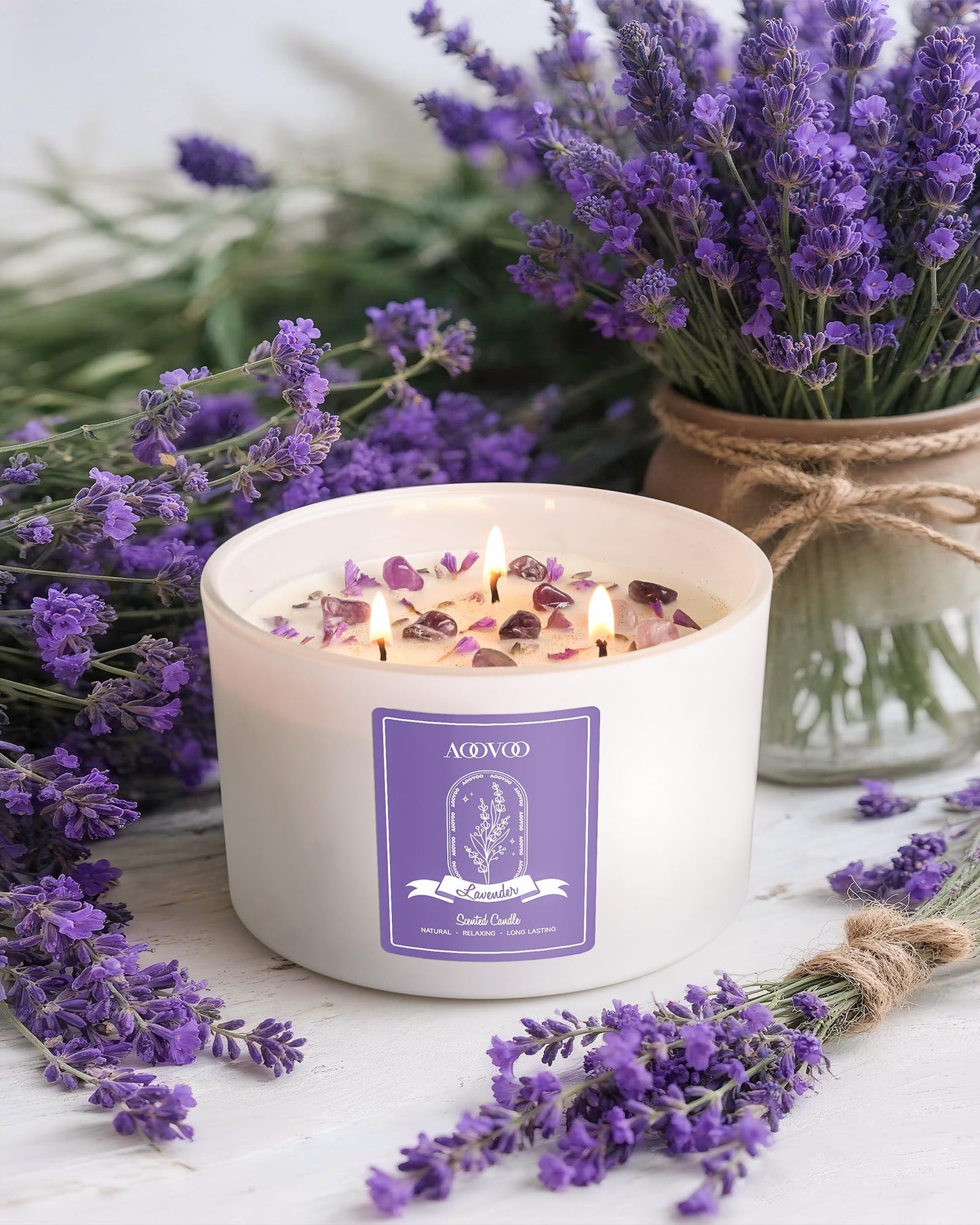 AOOVOO Lavender Scented Candles for Women - Aromatherapy Candle with Crystals Inside, 10oz Soy Candles for Home Scented, Birthday Gifts Mothers Day Candle for Women Mom